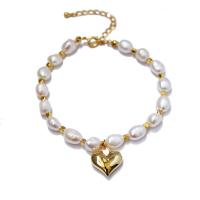 Freshwater Cultured Pearl Bracelet, Brass, with Freshwater Pearl, Heart, 18K gold plated, for woman, mixed colors, 7mm, Length:24 cm, Sold By PC