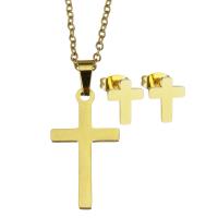 Fashion Stainless Steel Jewelry Sets, Stud Earring & necklace, Cross, for woman, golden, 13*23mm,1.5mm,8*10mm, Length:17 Inch, Sold By Set