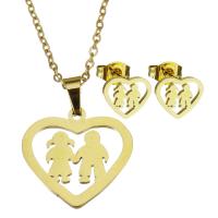 Fashion Stainless Steel Jewelry Sets, Stud Earring & necklace, Heart, for woman, golden, 19*18mm,1.5mm,9*8mm, Length:17 Inch, Sold By Set