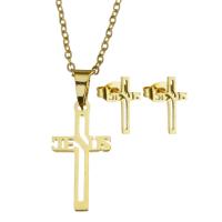 Fashion Stainless Steel Jewelry Sets, Stud Earring & necklace, Cross, for woman & hollow, golden, 11*21mm,1.5mm,7*12mm, Length:17 Inch, Sold By Set