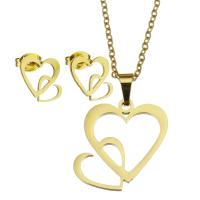 Fashion Stainless Steel Jewelry Sets, Stud Earring & necklace, Heart, for woman & hollow, golden, 20*20mm,1.5mm,10*10mm, Length:17 Inch, Sold By Set