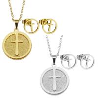 Fashion Stainless Steel Jewelry Sets, Stud Earring & necklace, Round, plated, with cross pattern & for woman, more colors for choice, 20*23mm,10mm, Length:17 Inch, Sold By Set