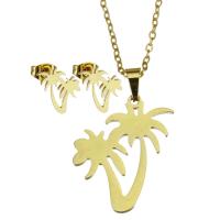 Fashion Stainless Steel Jewelry Sets, Stud Earring & necklace, Palm Tree, for woman, golden, 21*24mm,1.5mm,10*11mm, Length:17 Inch, Sold By Set