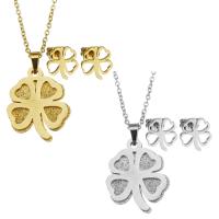 Fashion Stainless Steel Jewelry Sets Stud Earring & necklace Four Leaf Clover plated for woman 19*23mm 1.5mm 10*10.5mm Length 17 Inch Sold By Set