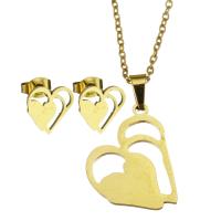 Fashion Stainless Steel Jewelry Sets, Stud Earring & necklace, Heart, for woman & hollow, golden, 18*20mm,1.5mm,10*10mm, Length:17 Inch, Sold By Set