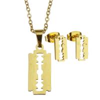 Edelstahl Schmucksets, Stud Ohrring & Halskette, für Frau & hohl, goldfarben, 8*19mm,1.5mm,5*10.5mm, Länge:17 ZollInch, verkauft von setzen