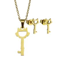 Fashion Stainless Steel Jewelry Sets, Stud Earring & necklace, Key, for woman & hollow, golden, 11*22mm,1.5mm,5.5*11mm, Length:17 Inch, Sold By Set