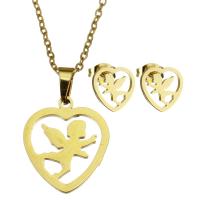 Fashion Stainless Steel Jewelry Sets, Stud Earring & necklace, Heart, for woman & hollow, golden, 17*19mm,1.5mm,10*10mm, Length:17 Inch, Sold By Set