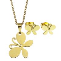 Fashion Stainless Steel Jewelry Sets, Stud Earring & necklace, Butterfly, for woman, golden, 17*19mm,1.5mm,10*8mm, Length:17 Inch, Sold By Set
