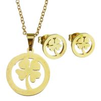 Fashion Stainless Steel Jewelry Sets, Stud Earring & necklace, four leaf clover design & for woman & hollow, golden, 17*19mm,1.5mm,9mm, Length:17 Inch, Sold By Set