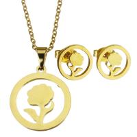Fashion Stainless Steel Jewelry Sets, Stud Earring & necklace, with flower pattern & for woman & hollow, golden, 18*20mm,1.5mm,10mm, Length:17 Inch, Sold By Set