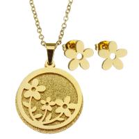 Fashion Stainless Steel Jewelry Sets, Stud Earring & necklace, with flower pattern & for woman, golden, 20*23mm,1.5mm,10*10mm, Length:17 Inch, Sold By Set