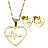 Fashion Stainless Steel Jewelry Sets, Stud Earring & necklace, Heart, for woman & hollow, golden, 19*18mm,1.5mm,10*9mm, Length:17 Inch, Sold By Set