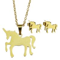 Fashion Stainless Steel Jewelry Sets Stud Earring & necklace Unicorn for woman golden 20*20mm 1.5mm 10*10mm Length 17 Inch Sold By Set