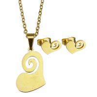 Fashion Stainless Steel Jewelry Sets, Stud Earring & necklace, Heart, for woman & hollow, golden, 12*19mm,1.5mm,9*6mm, Length:17 Inch, Sold By Set
