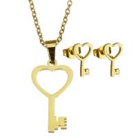 Fashion Stainless Steel Jewelry Sets, Stud Earring & necklace, Key, for woman & hollow, golden, 12*22mm,1.5mm,7*12mm, Length:17 Inch, Sold By Set