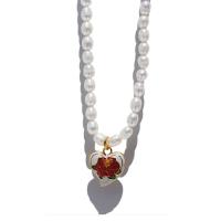 Freshwater Pearl Brass Necklace with Freshwater Pearl Heart real gold plated with flower pattern & for woman & enamel 20mm Length 51 cm Sold By PC