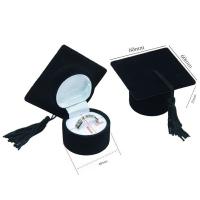 Flocking Fabric Single Ring Box, with Plastic, doctorial hat, black, 60x60x37mm, Sold By PC