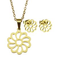Fashion Stainless Steel Jewelry Sets, Stud Earring & necklace, Flower, for woman & hollow, golden, 14*17mm,1.5mm,10mm, Length:17 Inch, Sold By Set