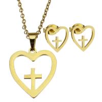 Fashion Stainless Steel Jewelry Sets, Stud Earring & necklace, Heart and Cross, for woman & hollow, golden, 17*19mm,1.5mm,10*10mm, Length:17 Inch, Sold By Set