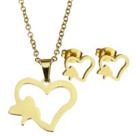 Fashion Stainless Steel Jewelry Sets, Stud Earring & necklace, Heart, for woman & hollow, golden, 19*16mm,1.5mm,9*8mm, Length:17 Inch, Sold By Set