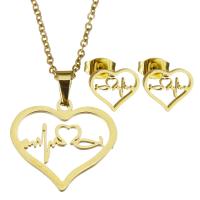 Fashion Stainless Steel Jewelry Sets, Stud Earring & necklace, Heart, for woman & hollow, golden, 20*18mm,1.5mm,10*9mm, Length:17 Inch, Sold By Set