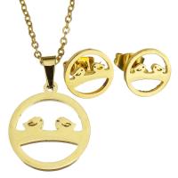 Fashion Stainless Steel Jewelry Sets, Stud Earring & necklace, Round, for woman & hollow, golden, 17*20mm,1.5mm,10mm, Length:17 Inch, Sold By Set