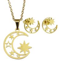 Conjuntos de joyería de acero inoxidable, Pendiente de stud & collar, Luna y estrella, para mujer & hueco, dorado, 18*20mm,1.5mm,11*11mm, longitud:17 Inch, Vendido por Set