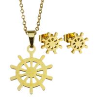 Fashion Stainless Steel Jewelry Sets, Stud Earring & necklace, Ship Wheel, for woman & hollow, golden, 16.5*20mm,1.5mm,9mm, Length:17 Inch, Sold By Set