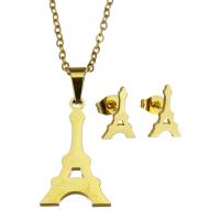 Conjuntos de joyería de acero inoxidable, Pendiente de stud & collar, Torre Eiffel, para mujer, dorado, 13*21mm,1.5mm,8*12mm, longitud:17 Inch, Vendido por Set