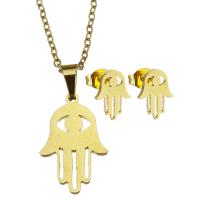 Fashion Stainless Steel Jewelry Sets, Stud Earring & necklace, Hamsa, for woman & hollow, golden, 13*20mm,1.5mm,7.5*10mm, Length:17 Inch, Sold By Set