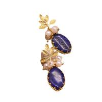 Natural Gemstone Earrings Brass with Lapis Lazuli & Freshwater Pearl 18K gold plated for woman blue 35mm Sold By Pair