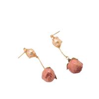 Freshwater Pearl Earrings, Brass, with 925 Sterling Silver & Dried Flower & Freshwater Pearl, 18K gold plated, for woman, pink, 70mm, Sold By Pair