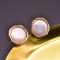 Freshwater Pearl Earrings Brass with 925 Sterling Silver & Freshwater Pearl 18K gold plated for woman white 15mm Sold By Pair