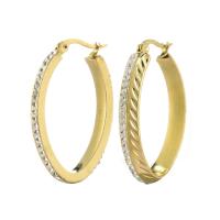 Stainless Steel Hoop Earring, for woman & with rhinestone, golden, 27x36mm, Sold By Pair