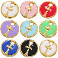 Brass Jewelry Pendants Flat Round 18K gold plated with cross pattern & enamel Approx 1.5mm Sold By PC