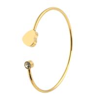 acier inoxydable bracelet manchette, coeur, pour femme & avec strass, doré, 12*12mm,3mm, Diamètre intérieur:Environ 59mm, Vendu par PC