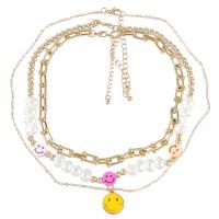Multi Layer Necklace Zinc Alloy with ABS Plastic Pearl & Copper Coated Plastic with 3.07 extender chain Smiling Face three pieces & fashion jewelry & for woman golden Length 12.82 Inch Sold By Set