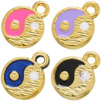 Brass Jewelry Pendants Flat Round gold color plated ying yang & enamel Sold By PC