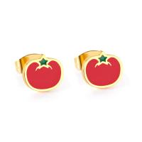 Boucle d'oreille de gaujon en acier inoxydable, Tomate, Placage de couleur d'or, pour femme, 9x8mm, Vendu par paire
