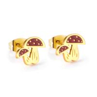 Stainless Steel Stud Earrings, with enamel, mushroom, gold color plated, for woman, 10x8.30mm, Sold By Pair