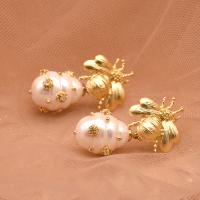 Brass Drop Earring with 925 Sterling Silver & Plastic Pearl Bee gold color plated for woman 33mm Sold By Pair