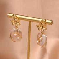 Freshwater Pearl Earrings Brass with 925 Sterling Silver & Freshwater Pearl gold color plated for woman purple pink 34mm Sold By Pair