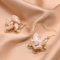 Freshwater Pearl Earrings Brass with Freshwater Pearl Flower gold color plated for woman & with rhinestone 55mm Sold By Pair