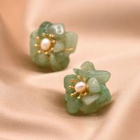 Natural Gemstone Earrings with 925 Sterling Silver & Freshwater Pearl & Brass Flower gold color plated for woman 20mm Sold By Pair