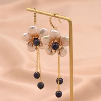 Freshwater Pearl Earrings, with Brass, Flower, gold color plated, for woman & with rhinestone, 76mm, Sold By Pair