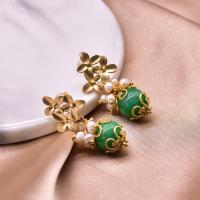 Natural Gemstone Earrings, Brass, with Jade & 925 Sterling Silver & Freshwater Pearl, gold color plated, for woman, more colors for choice, 35mm, Sold By Pair