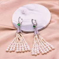 Fashion Fringe Earrings, Brass, with Freshwater Pearl, plated, folk style & for woman & with rhinestone, 98mm, Sold By Pair