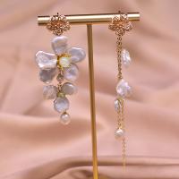 Asymmetric Earrings, Brass, with Freshwater Pearl, Flower, plated, for woman, 110mm, Sold By Pair