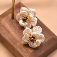 Boucles d'oreilles en perles d'eau douce, laiton, avec Argent sterling 925 & perle d'eau douce cultivée, fleur, Placage de couleur d'or, pour femme, rose pourpre, 20mm, Vendu par paire